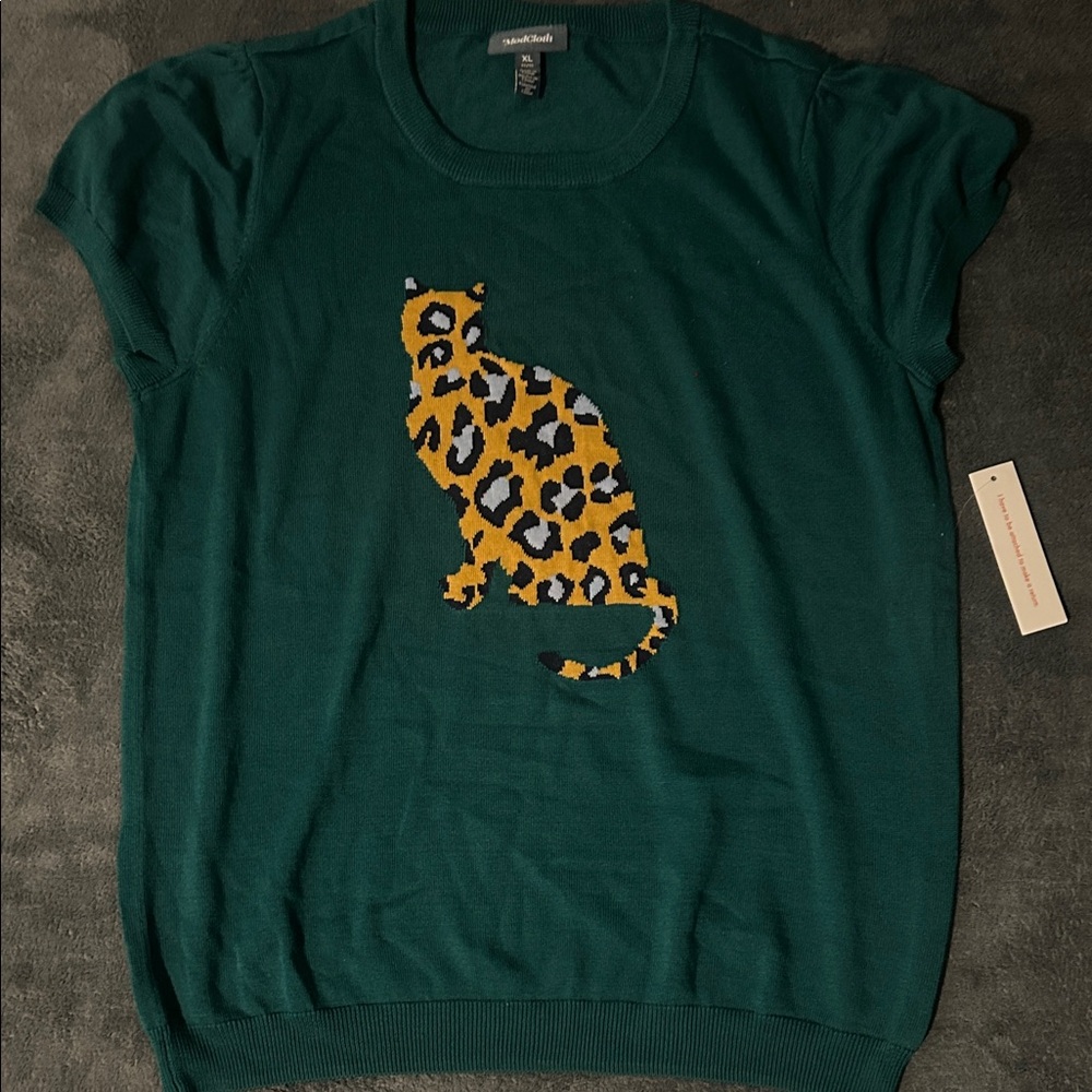 Teal Sweater with Leopard Motif